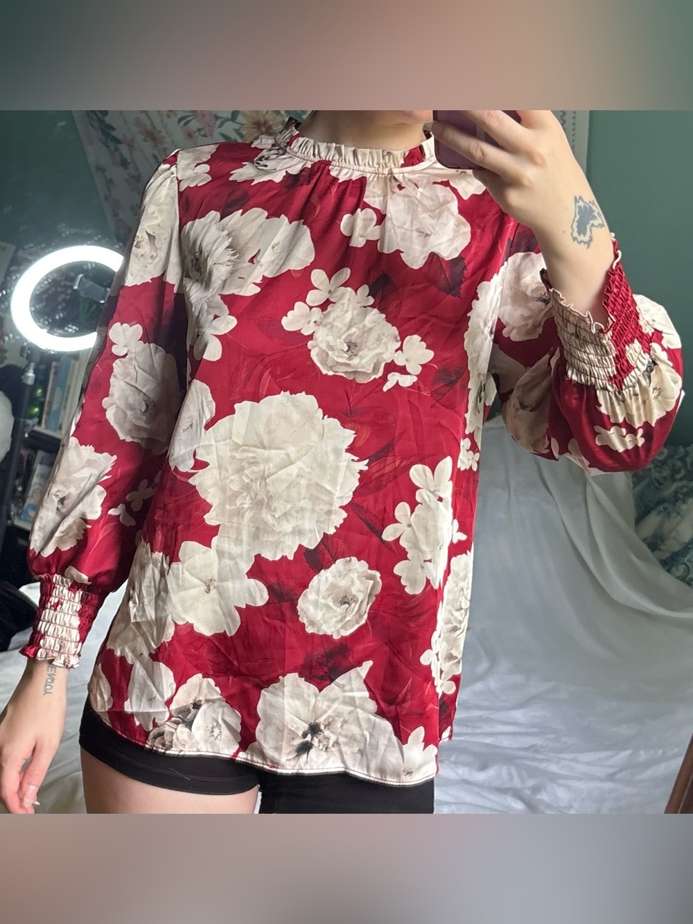 Suzy Shier Red Floral Mock Neck Long Sleeve Blouse